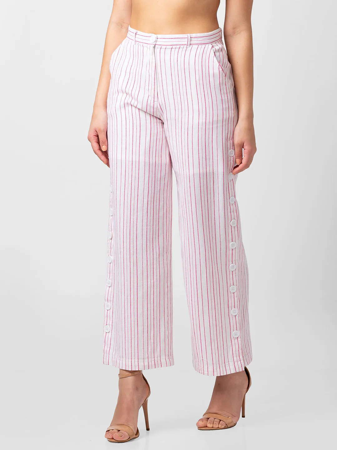 Spykar Women Pink Cotton Blend Bootcut Fit Ankle Length Striped Pants