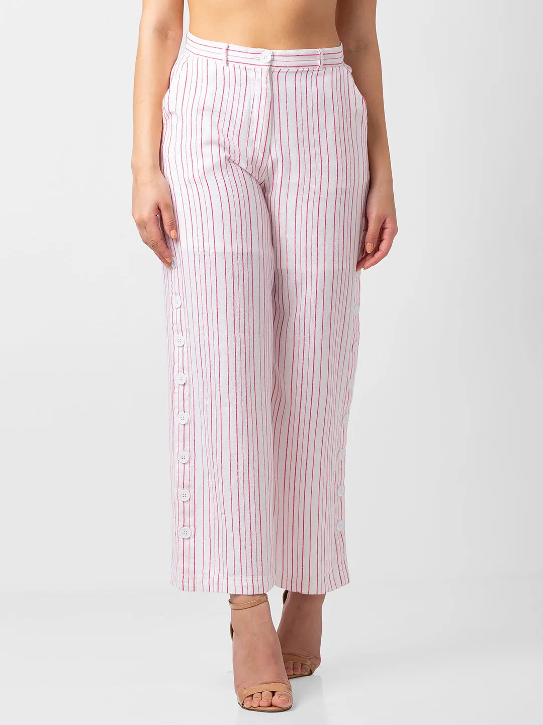 Spykar Women Pink Cotton Blend Bootcut Fit Ankle Length Striped Pants