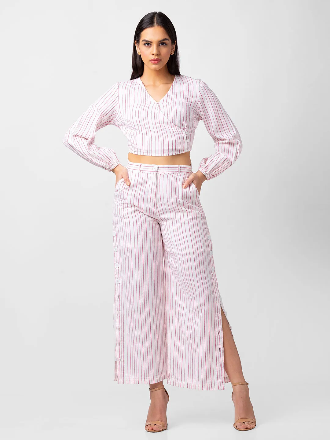 Spykar Women Pink Cotton Blend Bootcut Fit Ankle Length Striped Pants