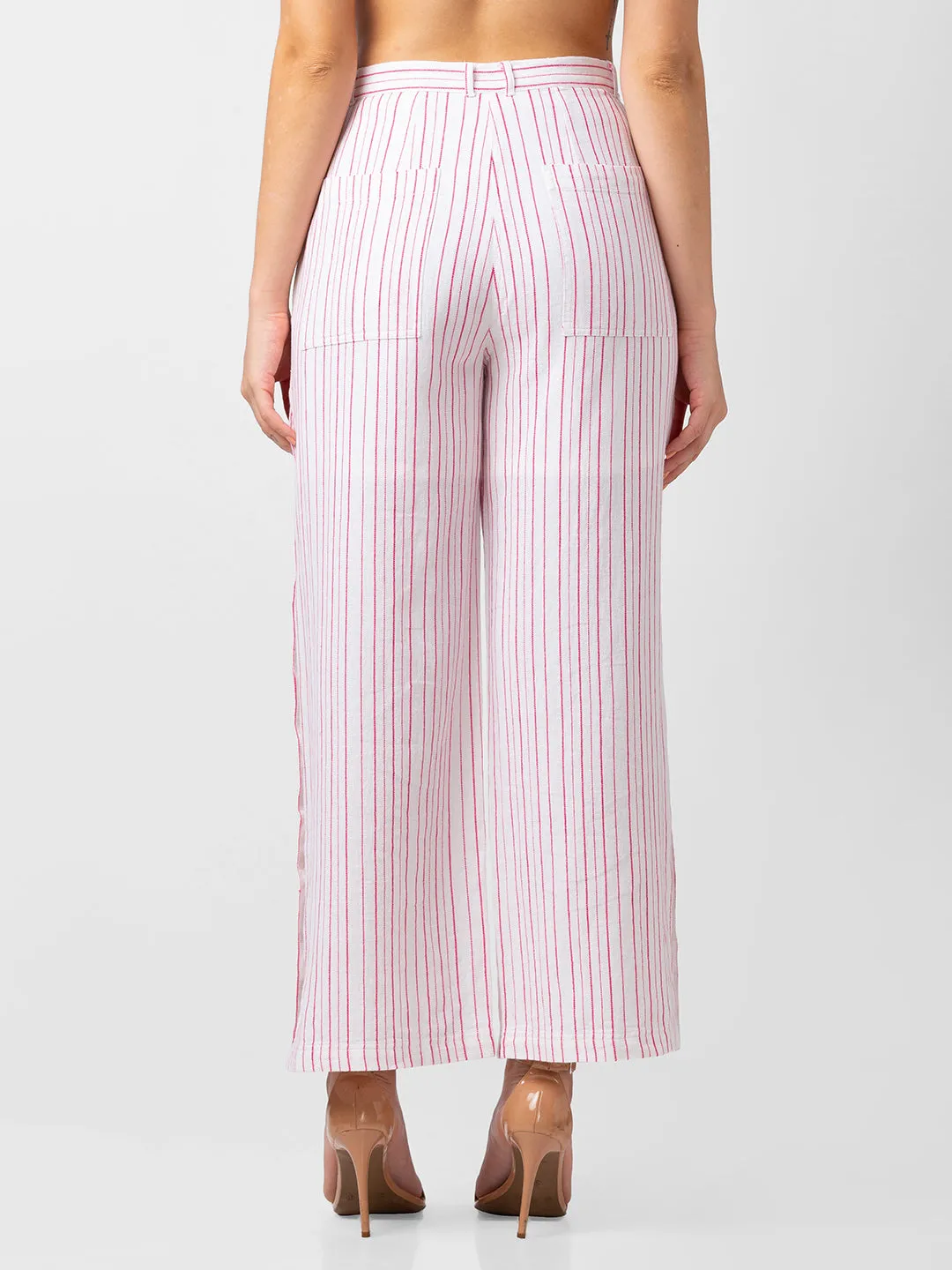 Spykar Women Pink Cotton Blend Bootcut Fit Ankle Length Striped Pants