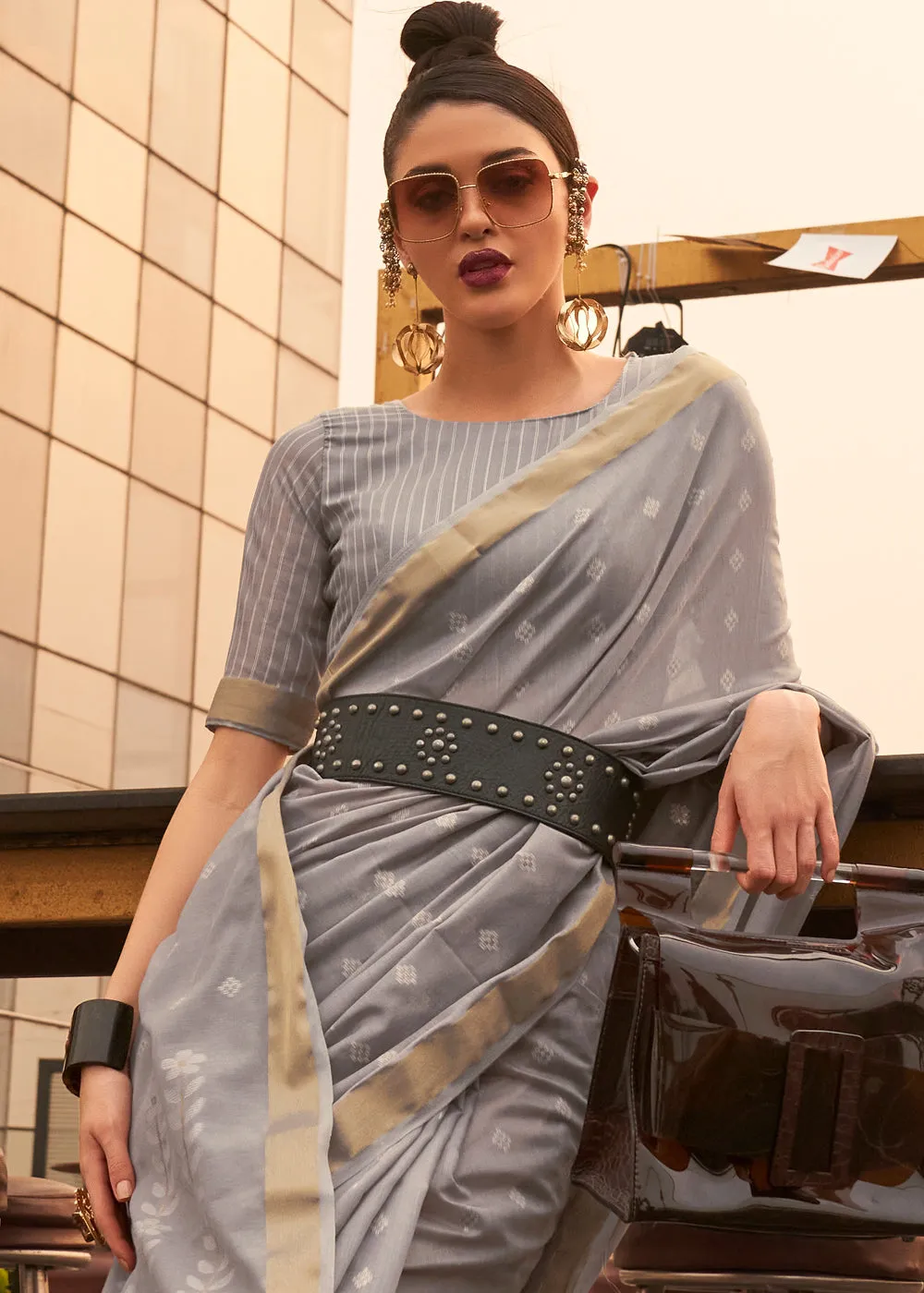 Steel Grey Handloom Weaving Banarasi Cotton Silk Saree