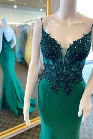 Straps Green Appliques Mermaid Long Formal Dress