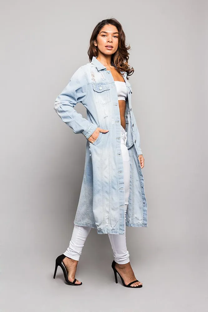 Super Long Distressed Denim Jean Jacket