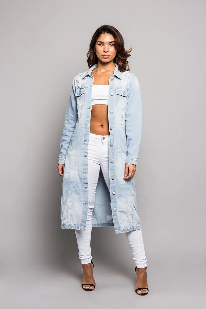 Super Long Distressed Denim Jean Jacket