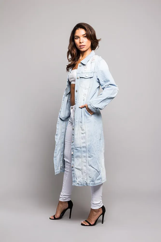 Super Long Distressed Denim Jean Jacket