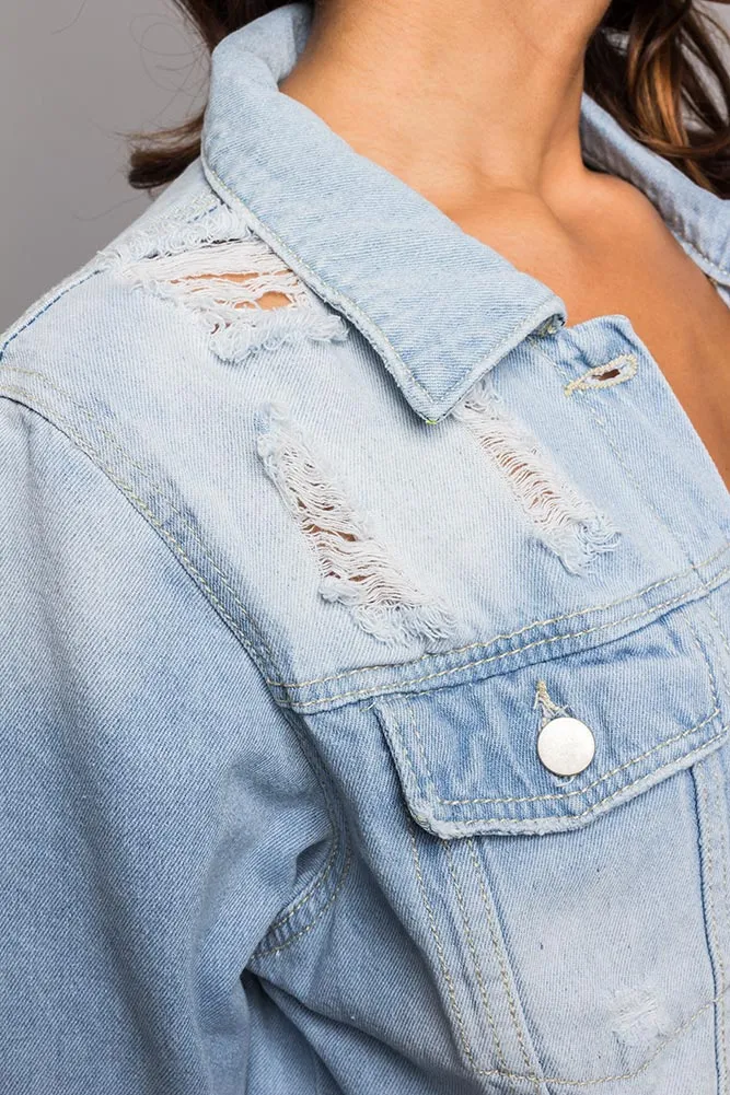 Super Long Distressed Denim Jean Jacket