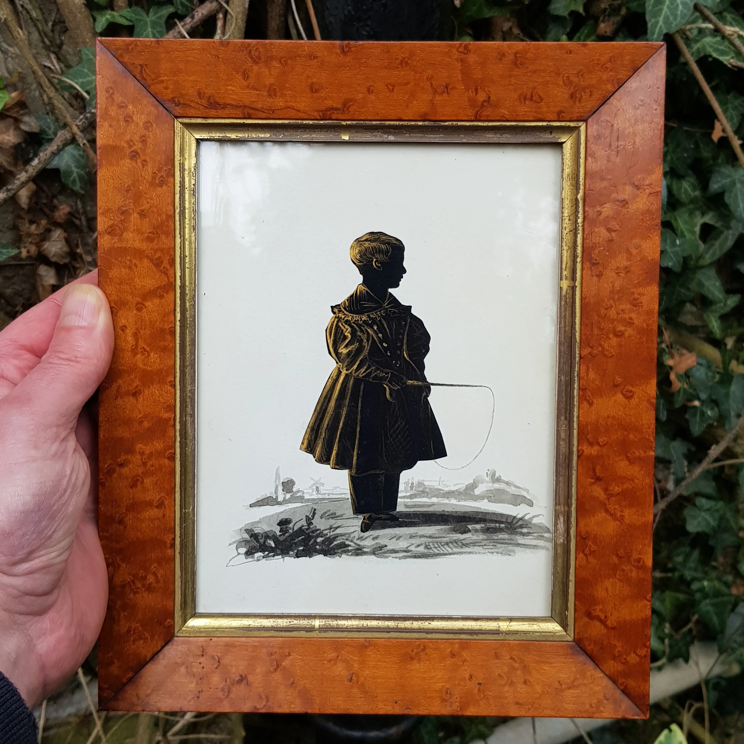 Superb Framed Ink Silhouette Of A Boy Fishing George Mumford Antique circa 1820