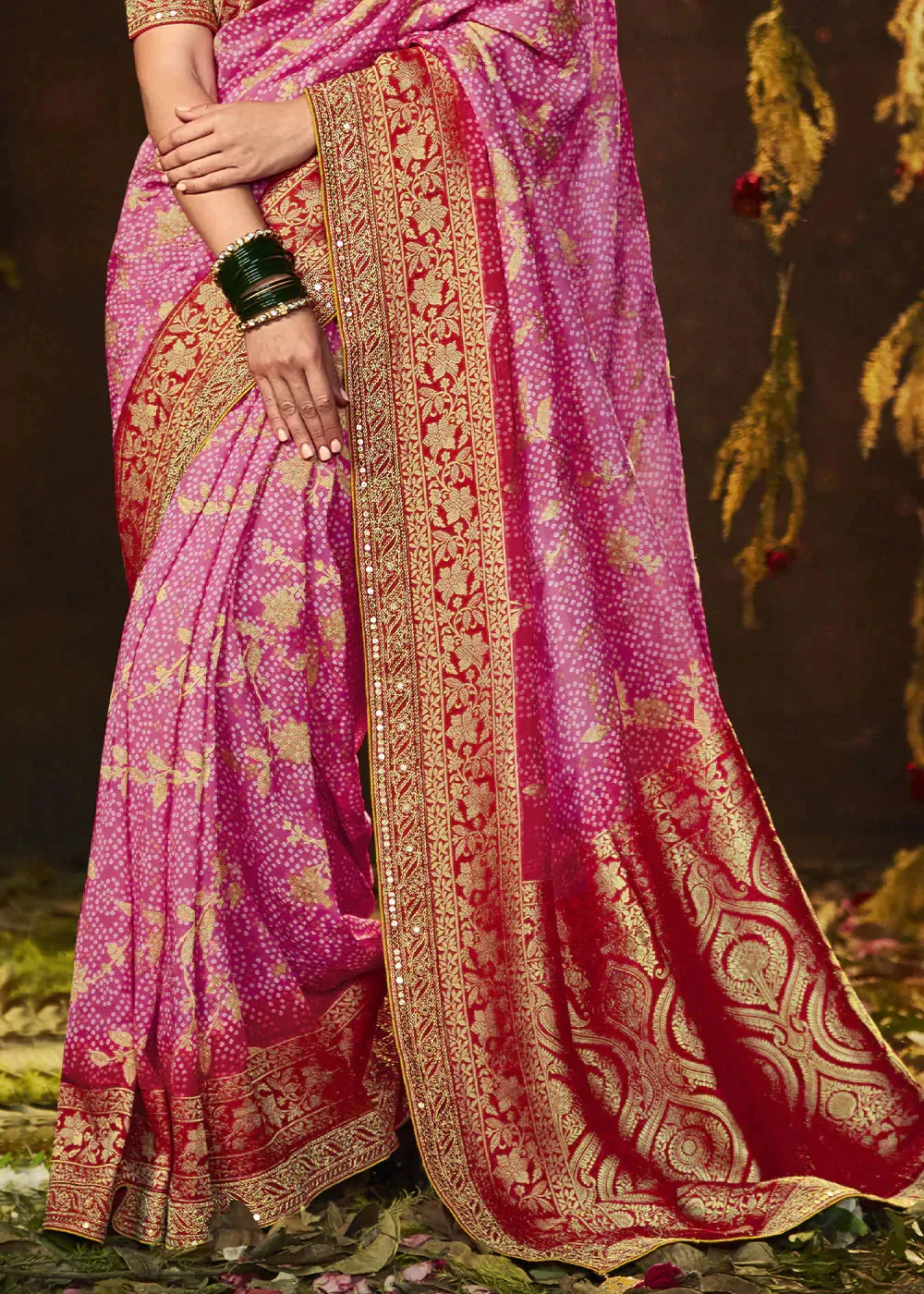 Taffy Pink Zari Weaving Georgette Silk Saree with Embroidery Designer Blouse