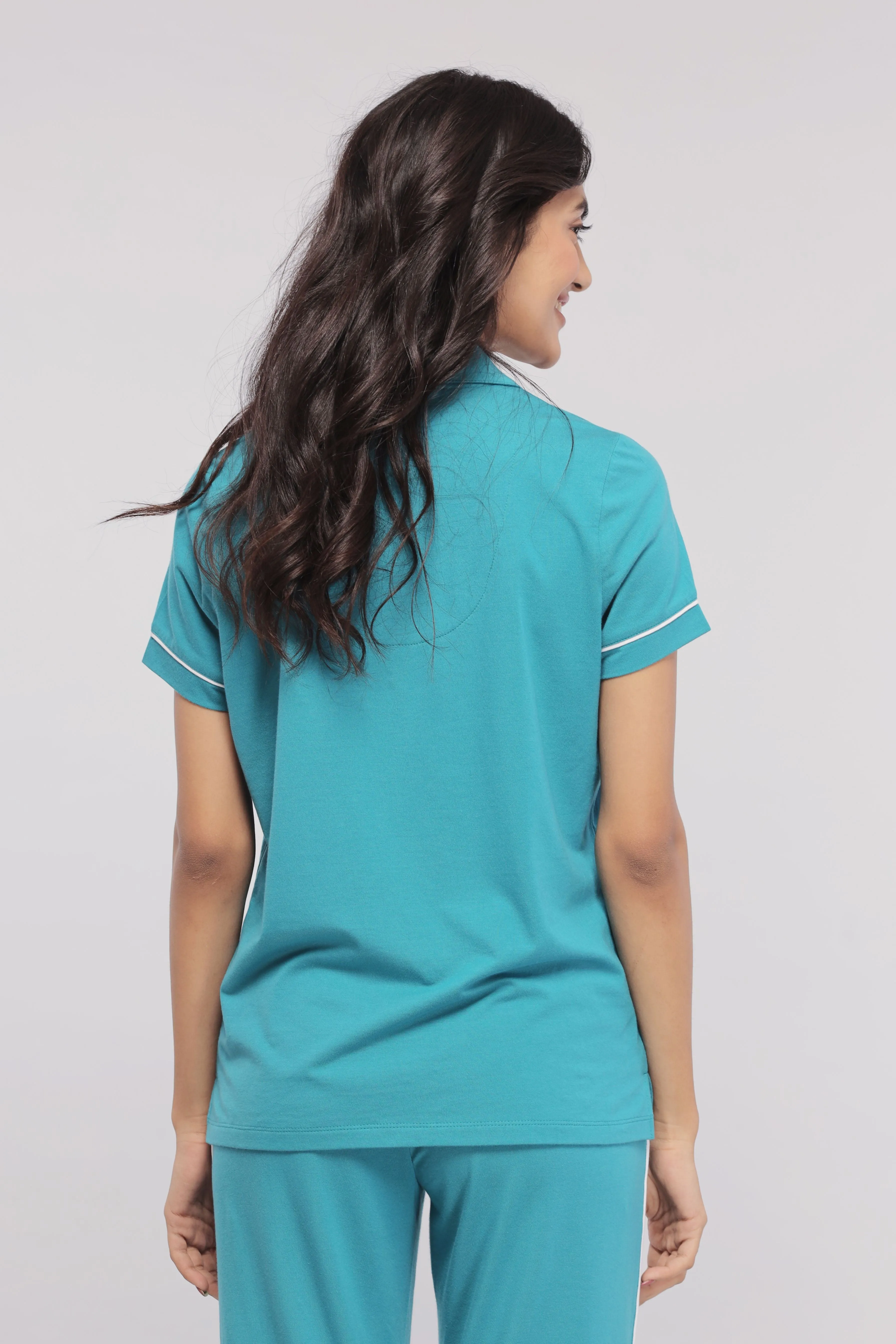 Teal Half Sleeve With Button Down White Piping Tee