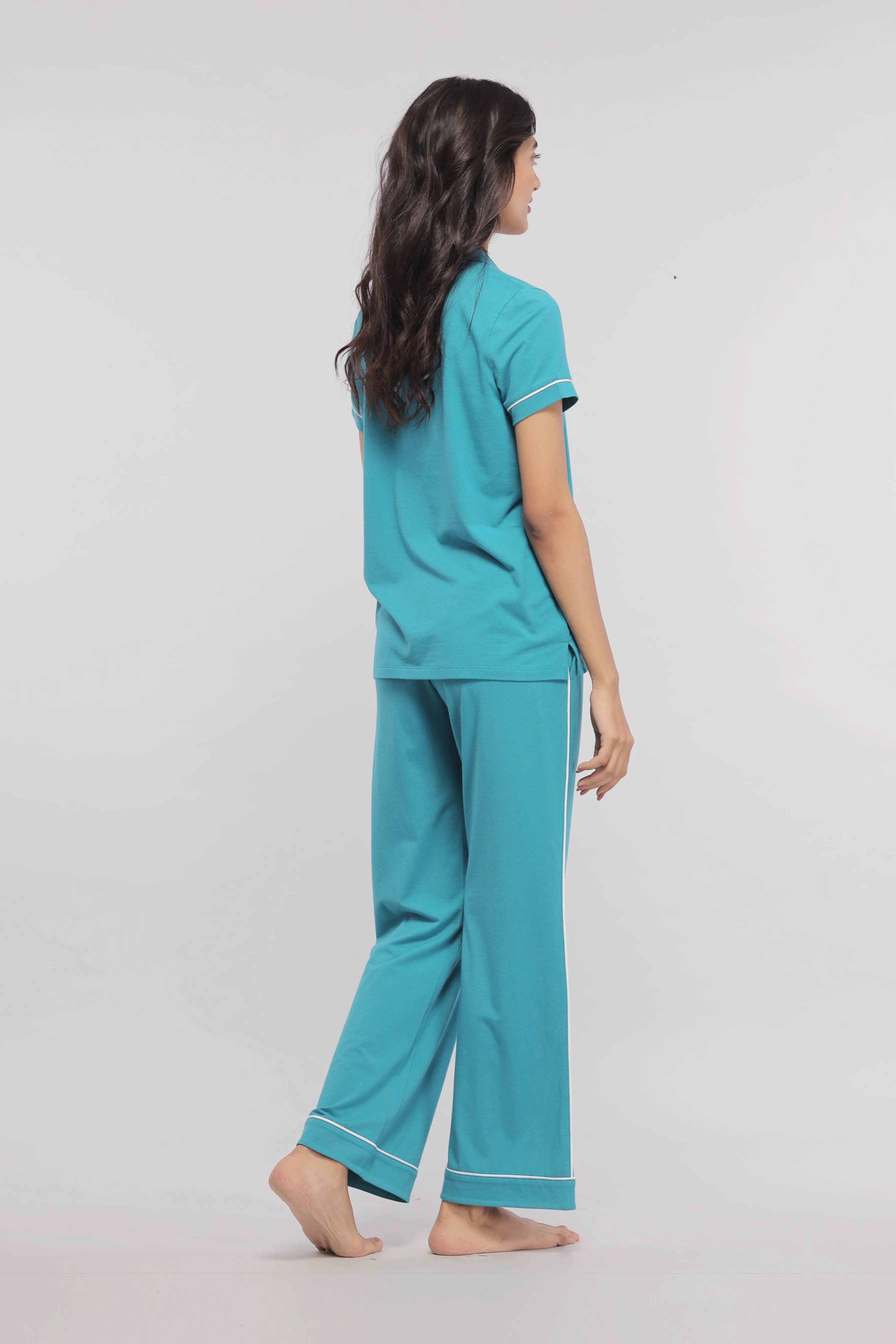 Teal Half Sleeve With Button Down White Piping Tee