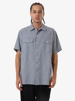 THRILLS  Union Short Sleeve Stripe Work Shirt - LIGHT PETROL