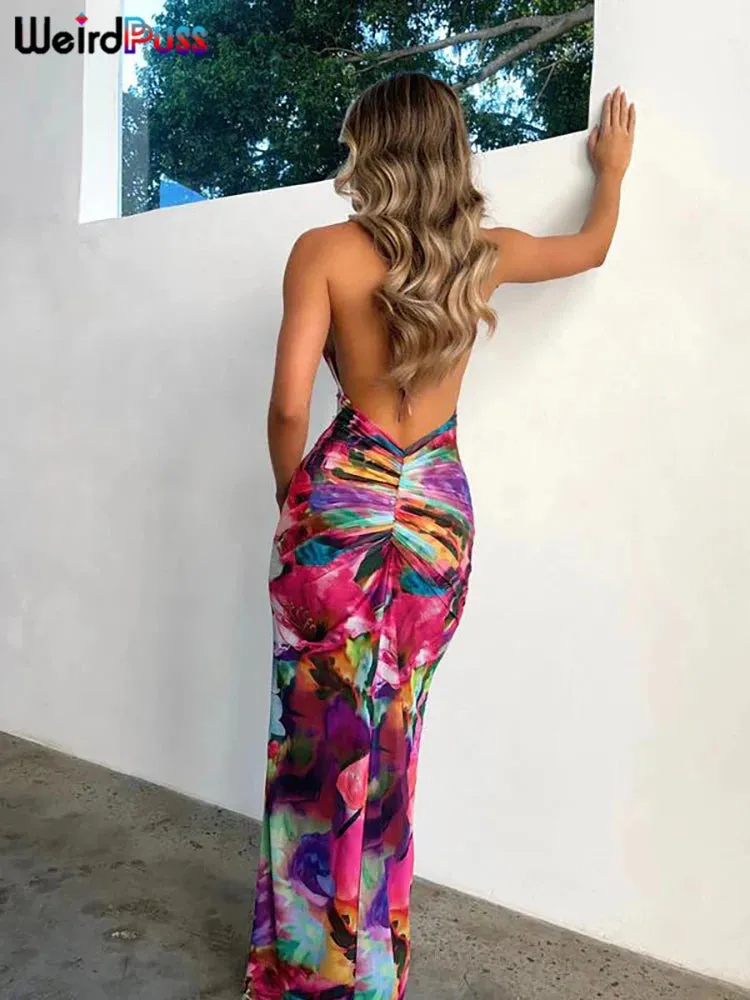 Trendy Halter Flower Print Maxi Dress