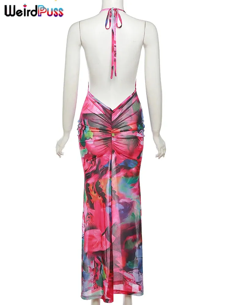 Trendy Halter Flower Print Maxi Dress