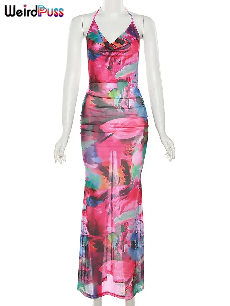 Trendy Halter Flower Print Maxi Dress