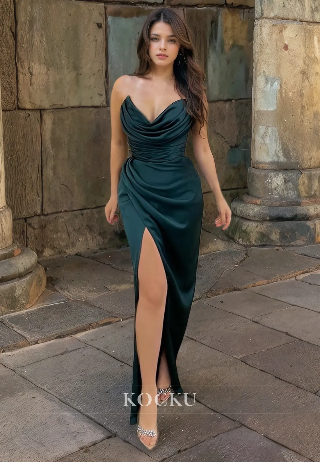 V-Neck Sheath Prom Dress Sleeveless Satin Evening Party Dress with Slit Pleats