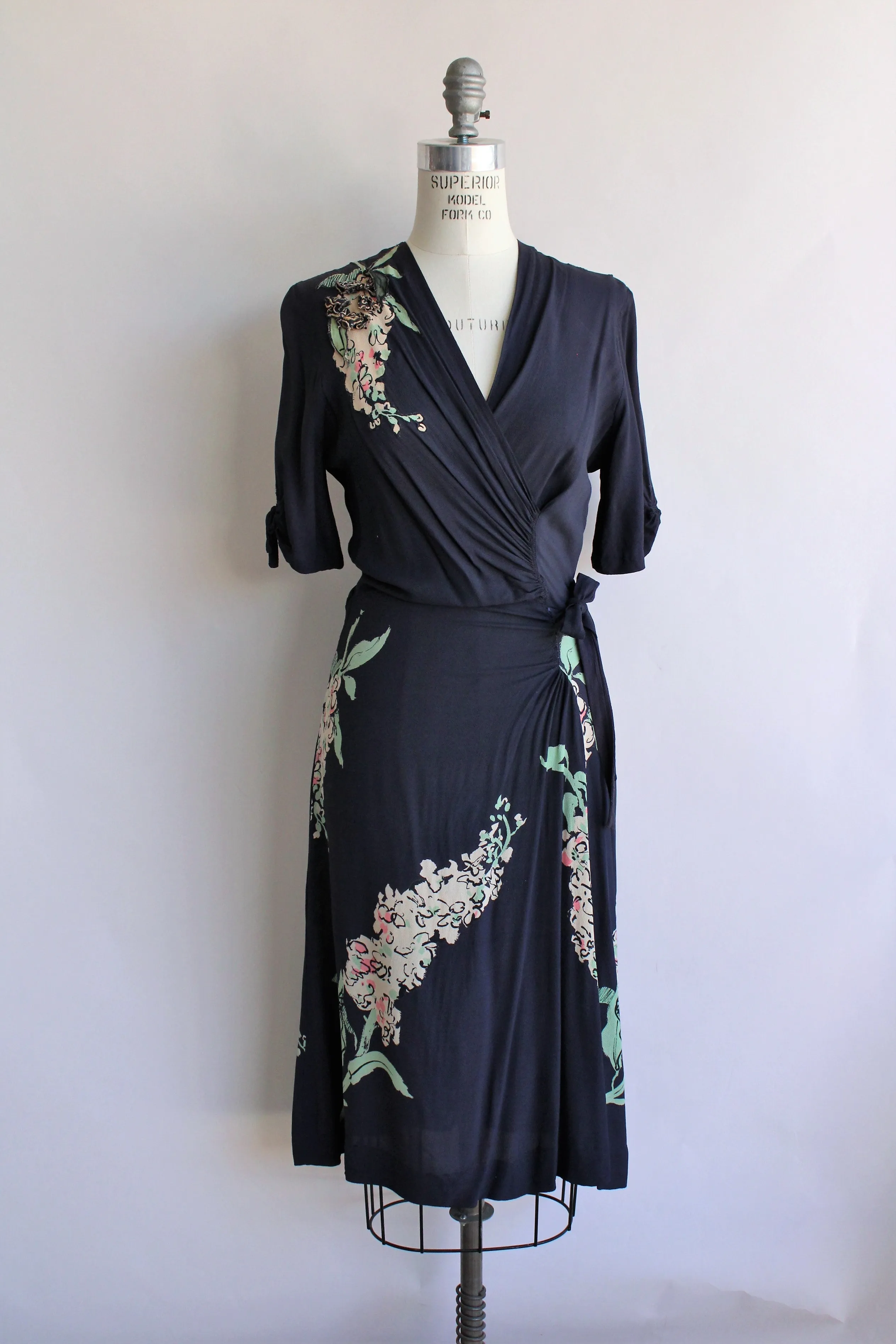 Vintage 1940s Navy Blue Floral Print Rayon Dress