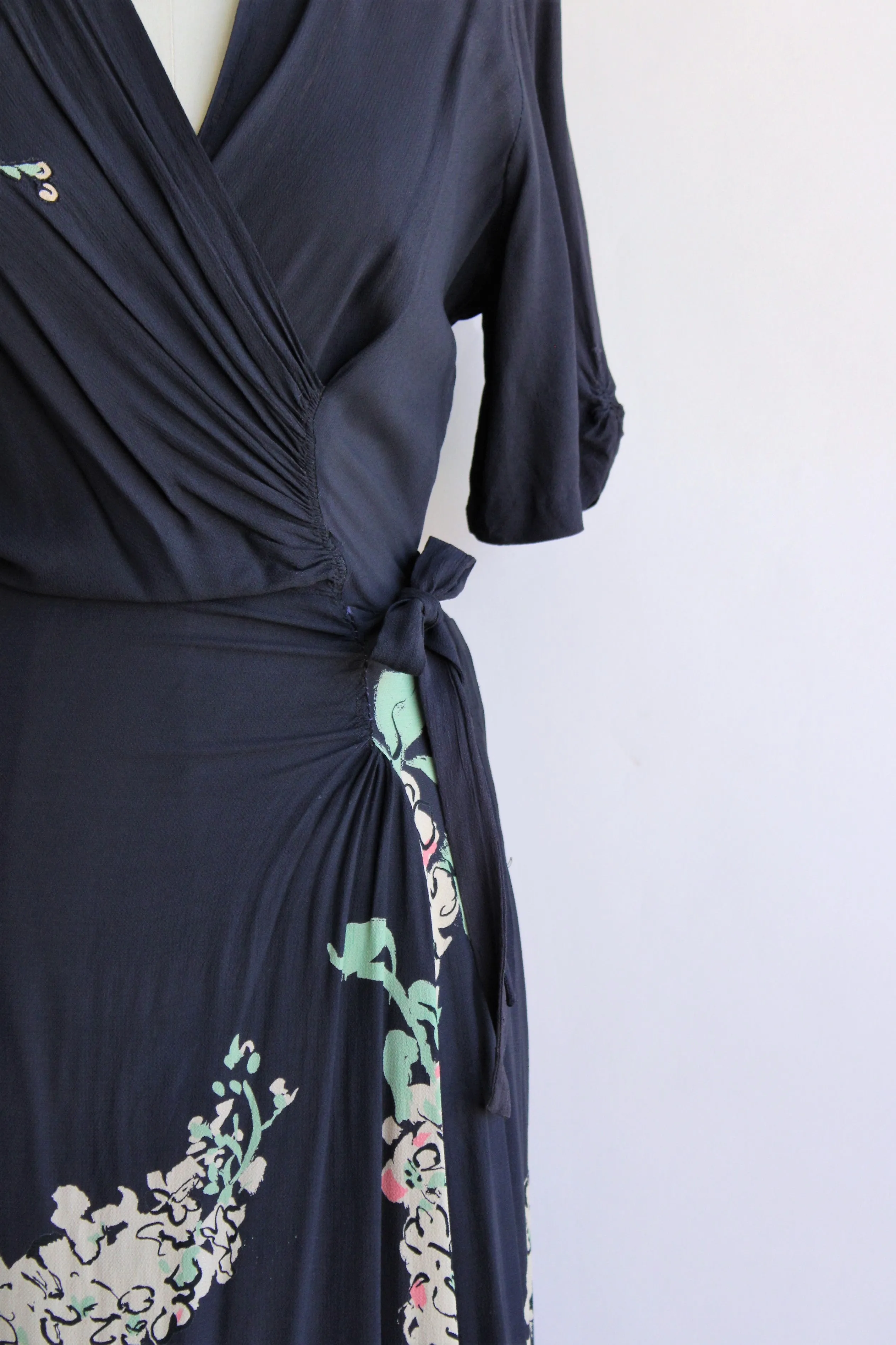 Vintage 1940s Navy Blue Floral Print Rayon Dress