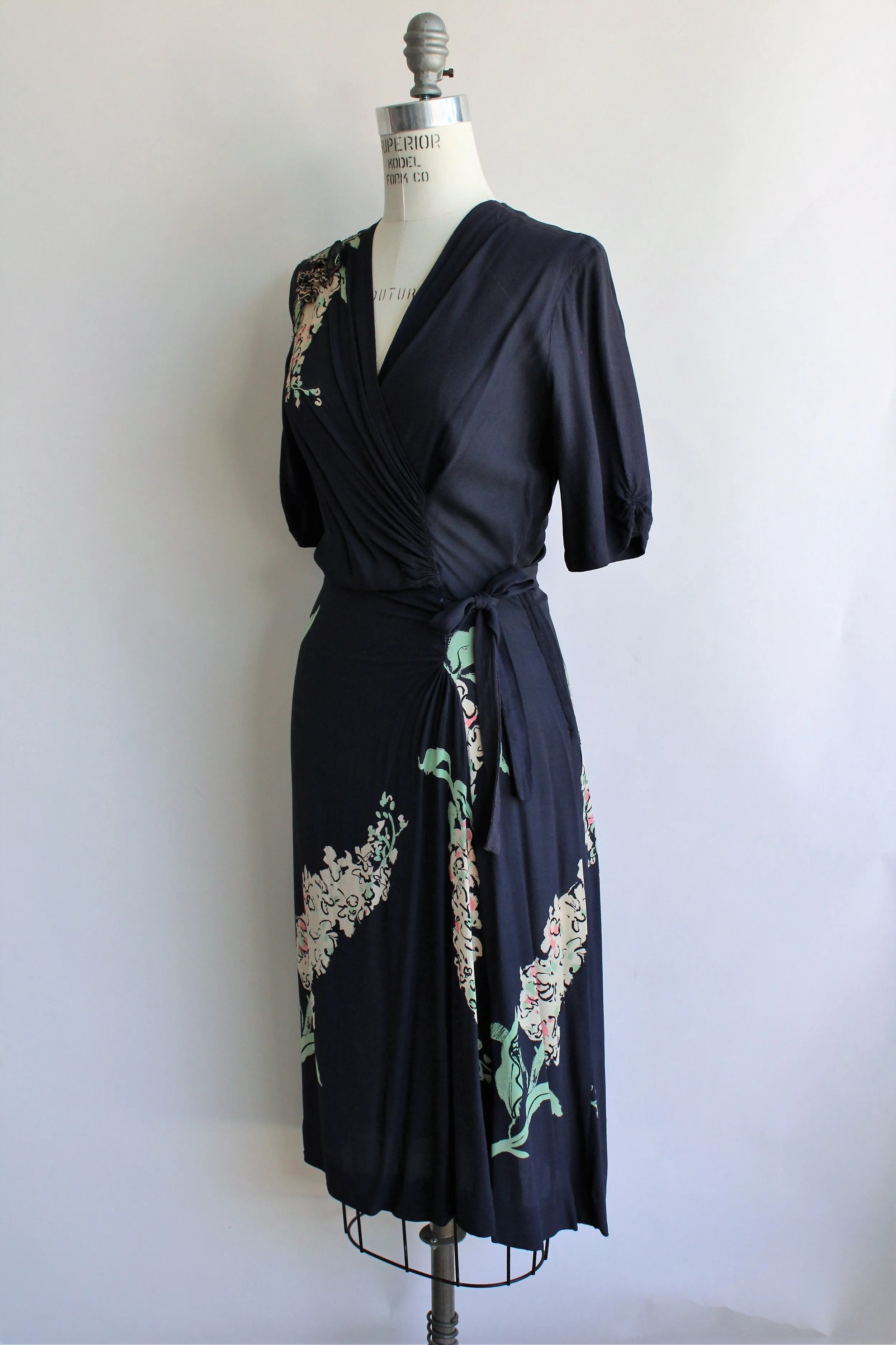 Vintage 1940s Navy Blue Floral Print Rayon Dress