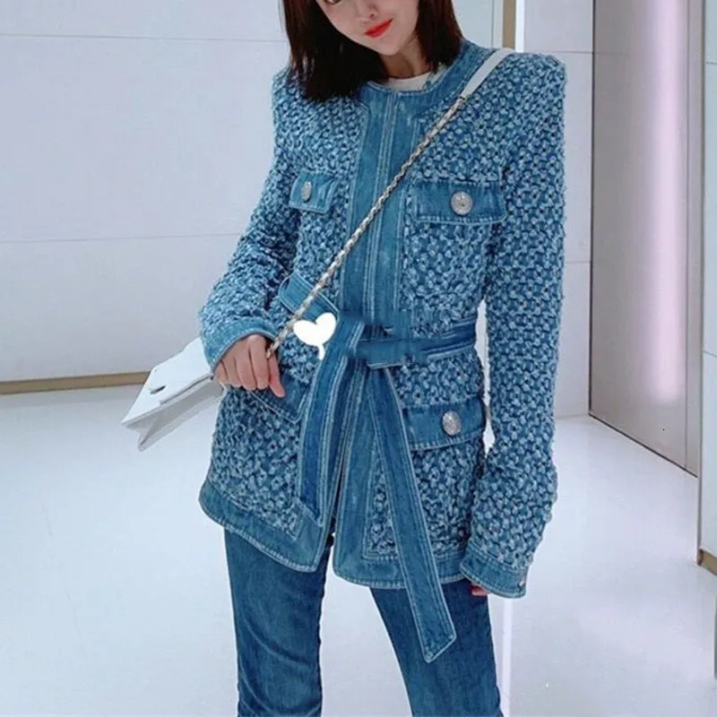 Vintage Blue Denim Jacket With Belt Waisted Ripped Hole Women Coat Spring Long Sleeve Pockets Streetwear