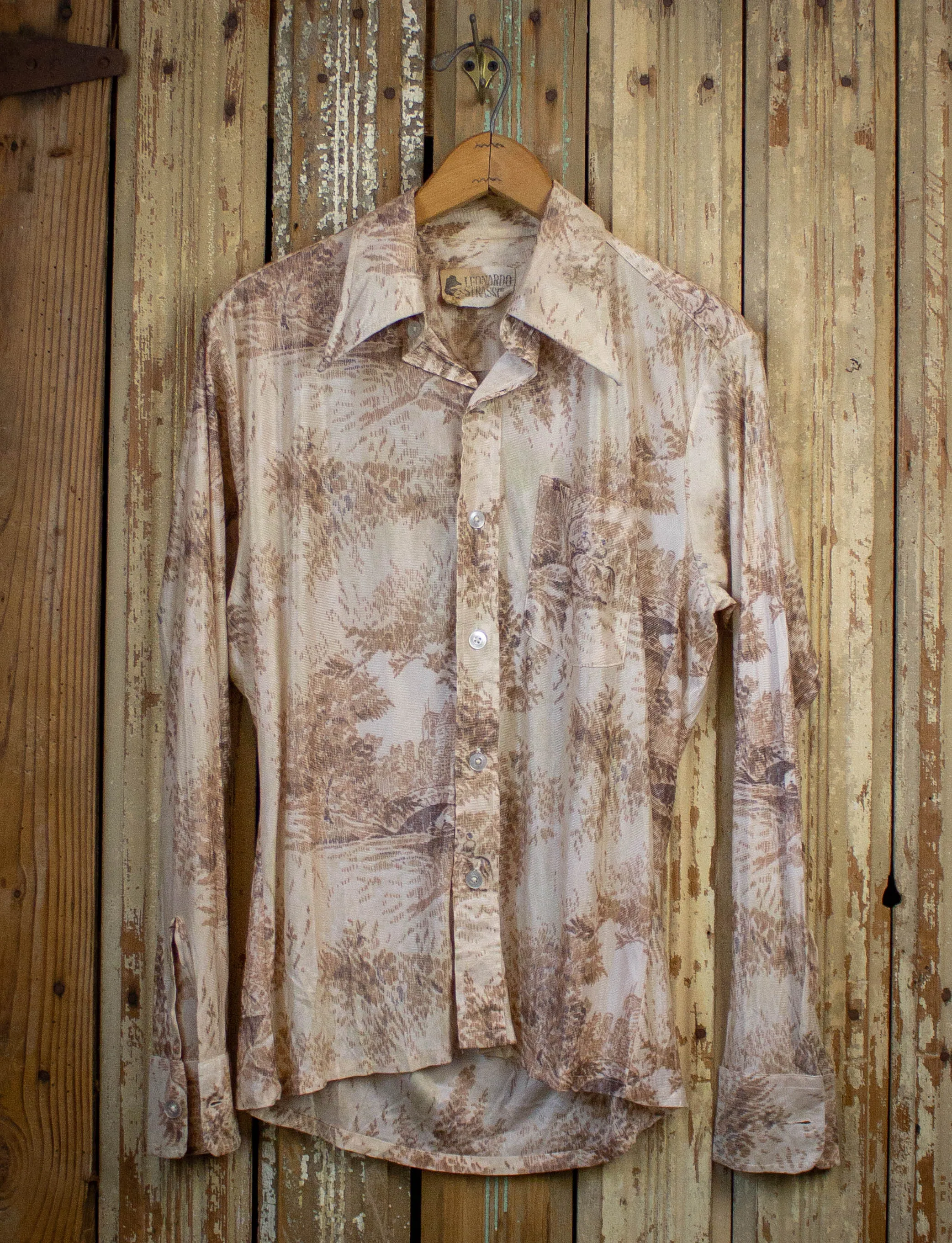 Vintage Leonardo Strassi Disco Button Up Shirt 70s Beige Medium