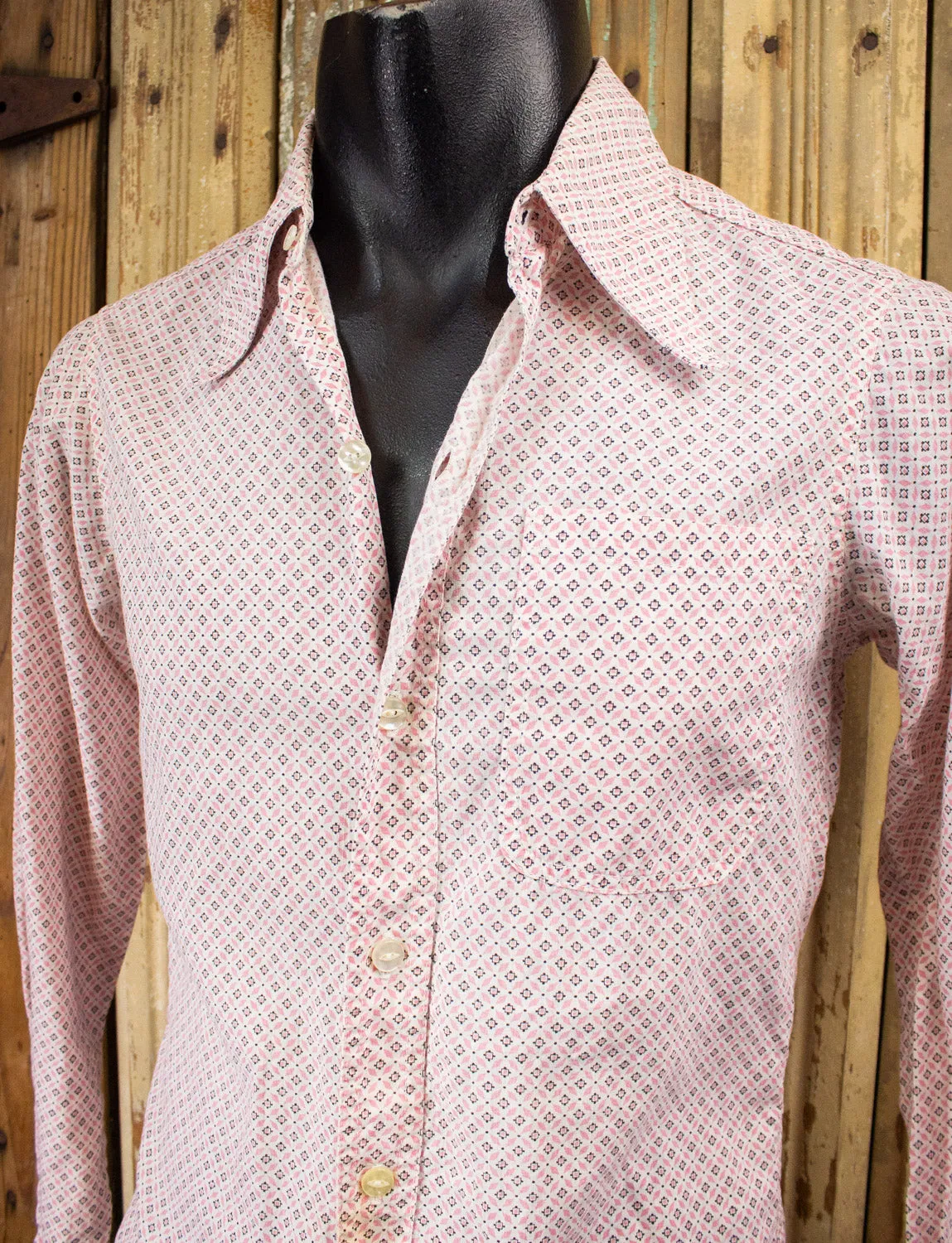 Vintage Pink and White Patterned Button Up Shirt 70s Small