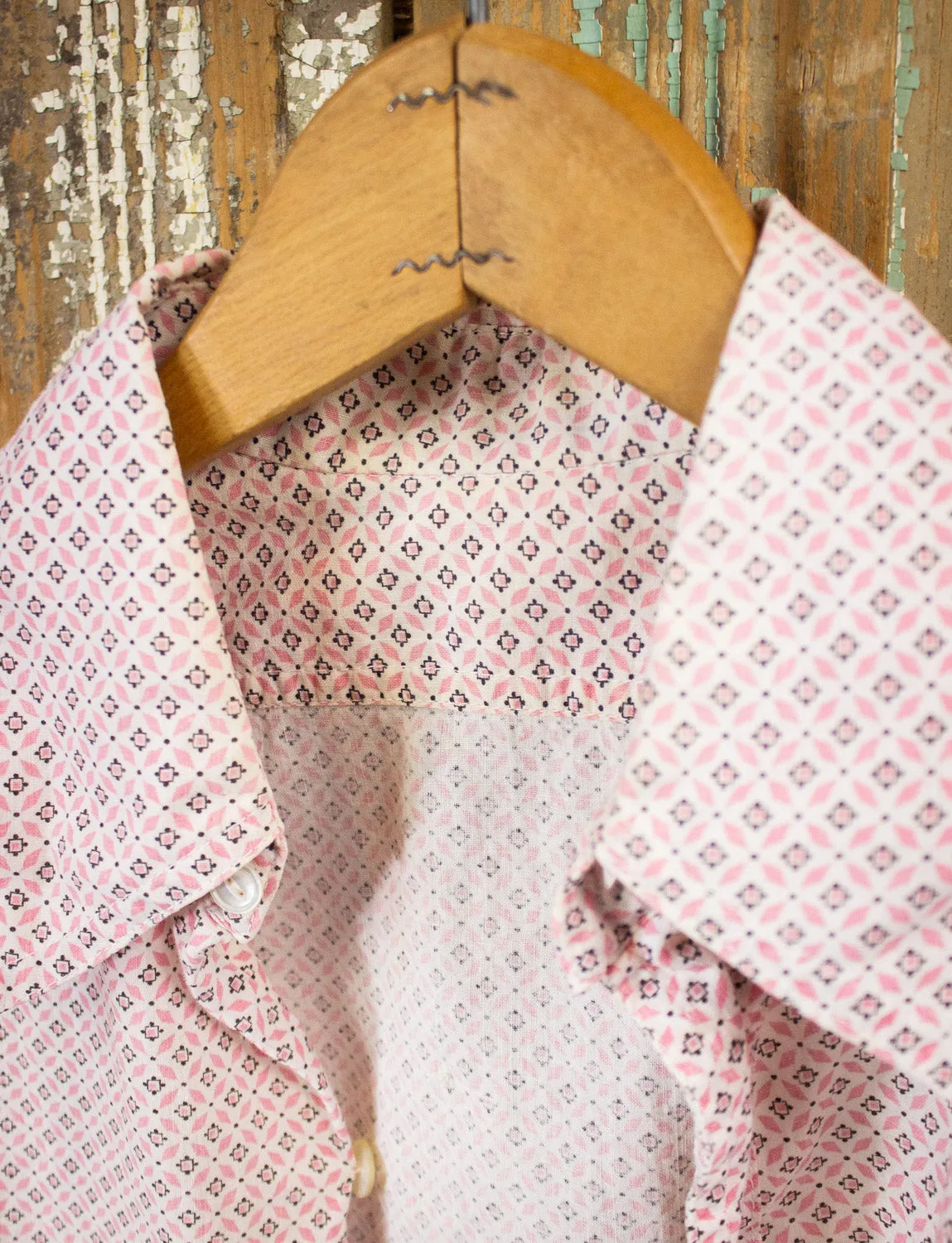 Vintage Pink and White Patterned Button Up Shirt 70s Small