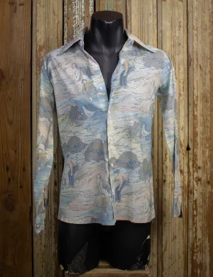 Vintage Saturdays Disco Button Up Shirt 70s Blue and Beige Medium