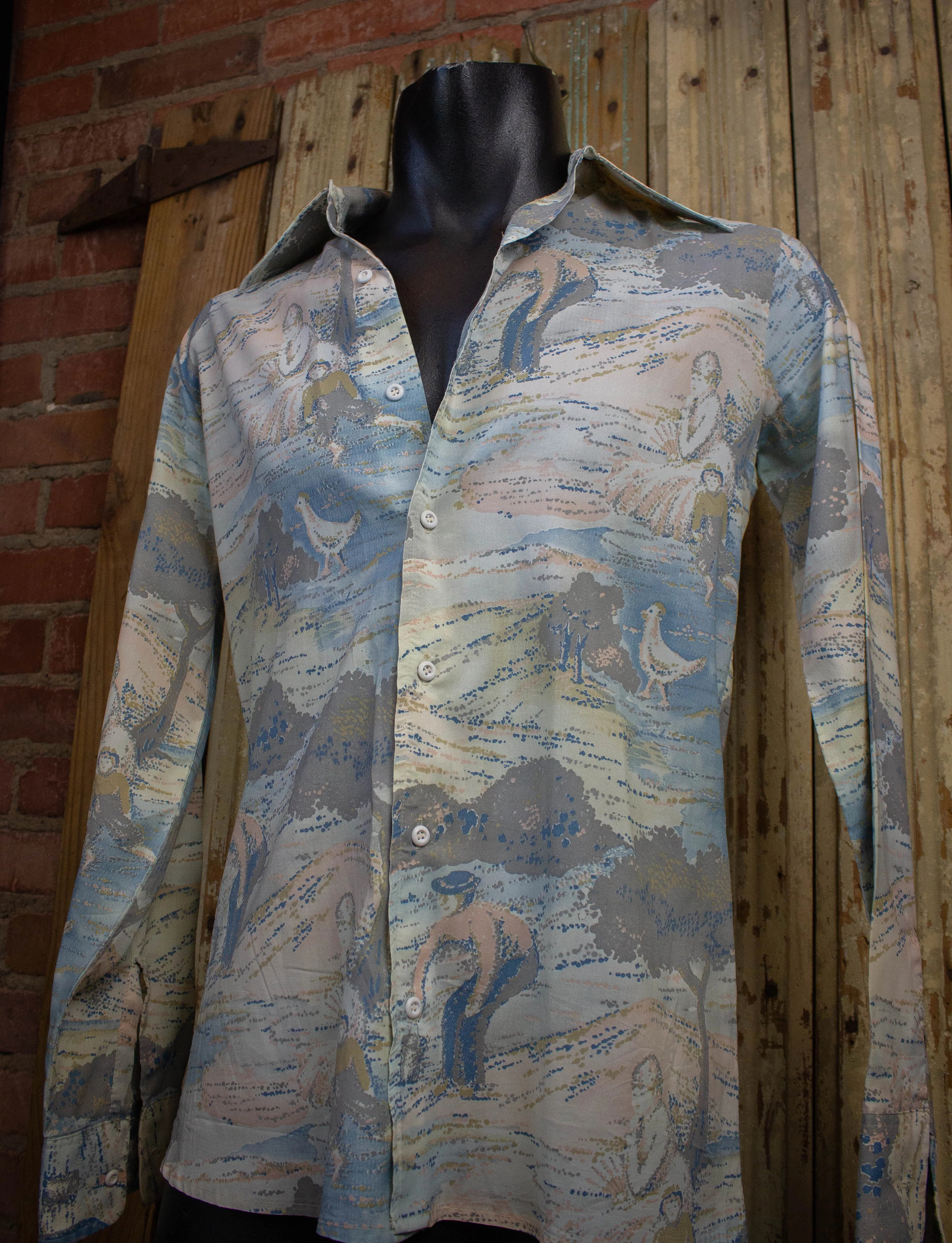 Vintage Saturdays Disco Button Up Shirt 70s Blue and Beige Medium