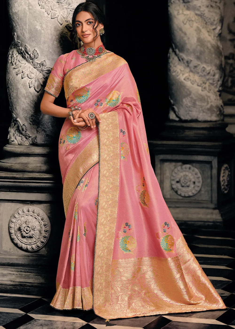 Watermelon Pink Designer Zari Woven Tissue Silk Saree