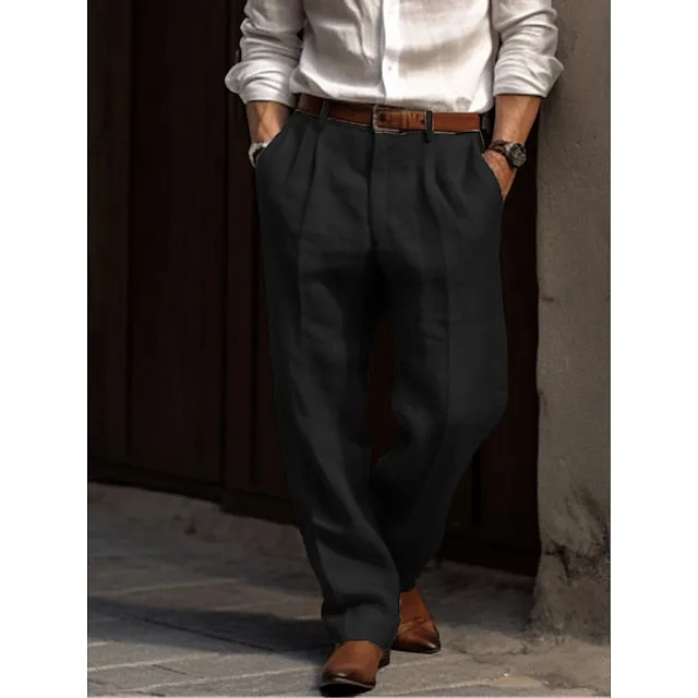 Wiaofellas Men's Linen Pants Trousers Summer Pants Pleated Pants Front Pocket Straight Leg Plain Comfort Breathable Casual Daily Holiday Linen Cotton Blend Fashion Basic Black White