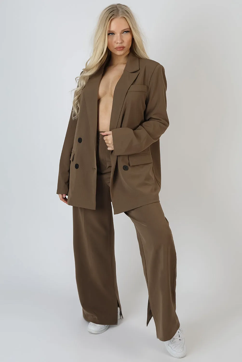 Wide Leg Split Hem Tailored Trousers Mushroom