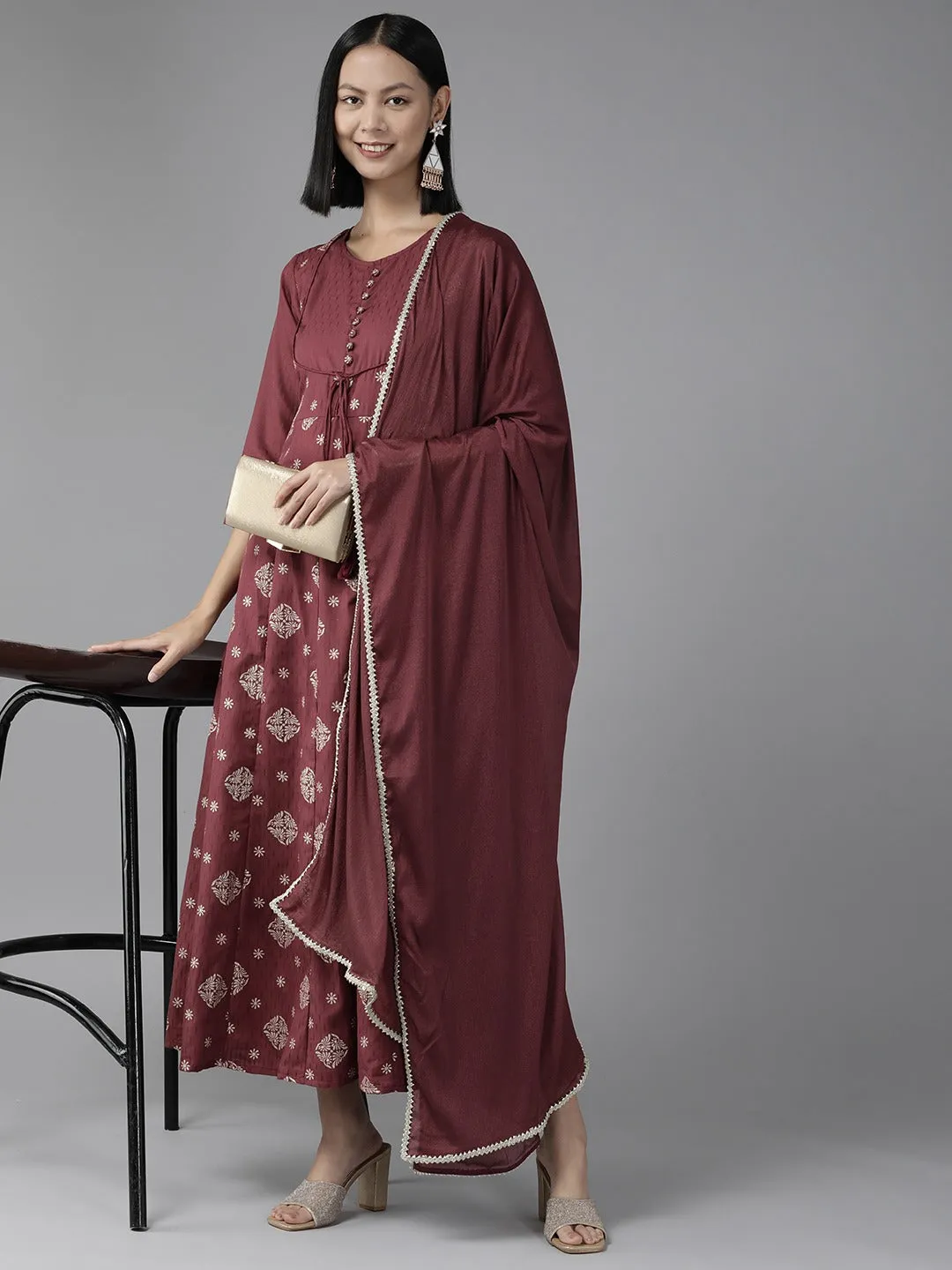 Women Burgundy Poly Rayon Dobby Kurta Set With Dupatta