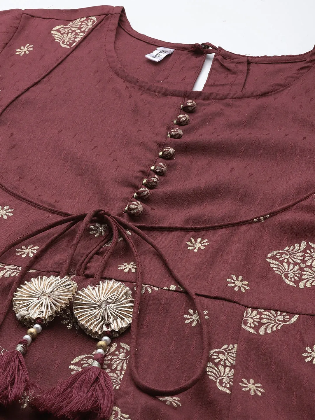 Women Burgundy Poly Rayon Dobby Kurta Set With Dupatta