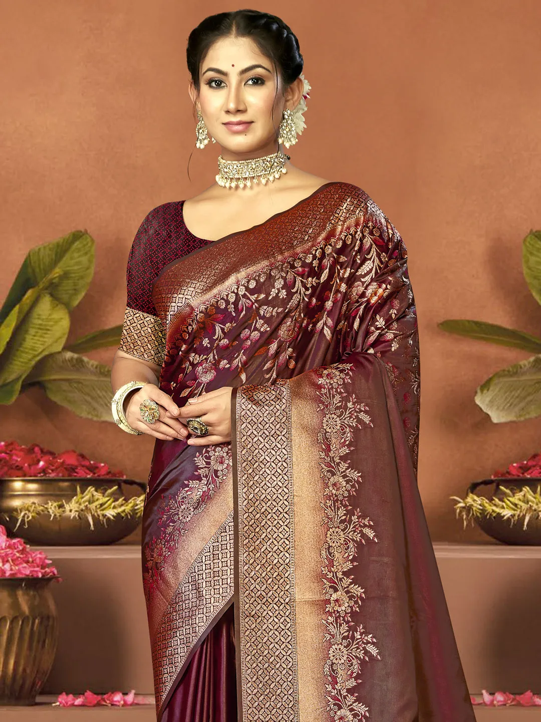 Women Maroon Satin Silk Saree With Un Stitched Blouse