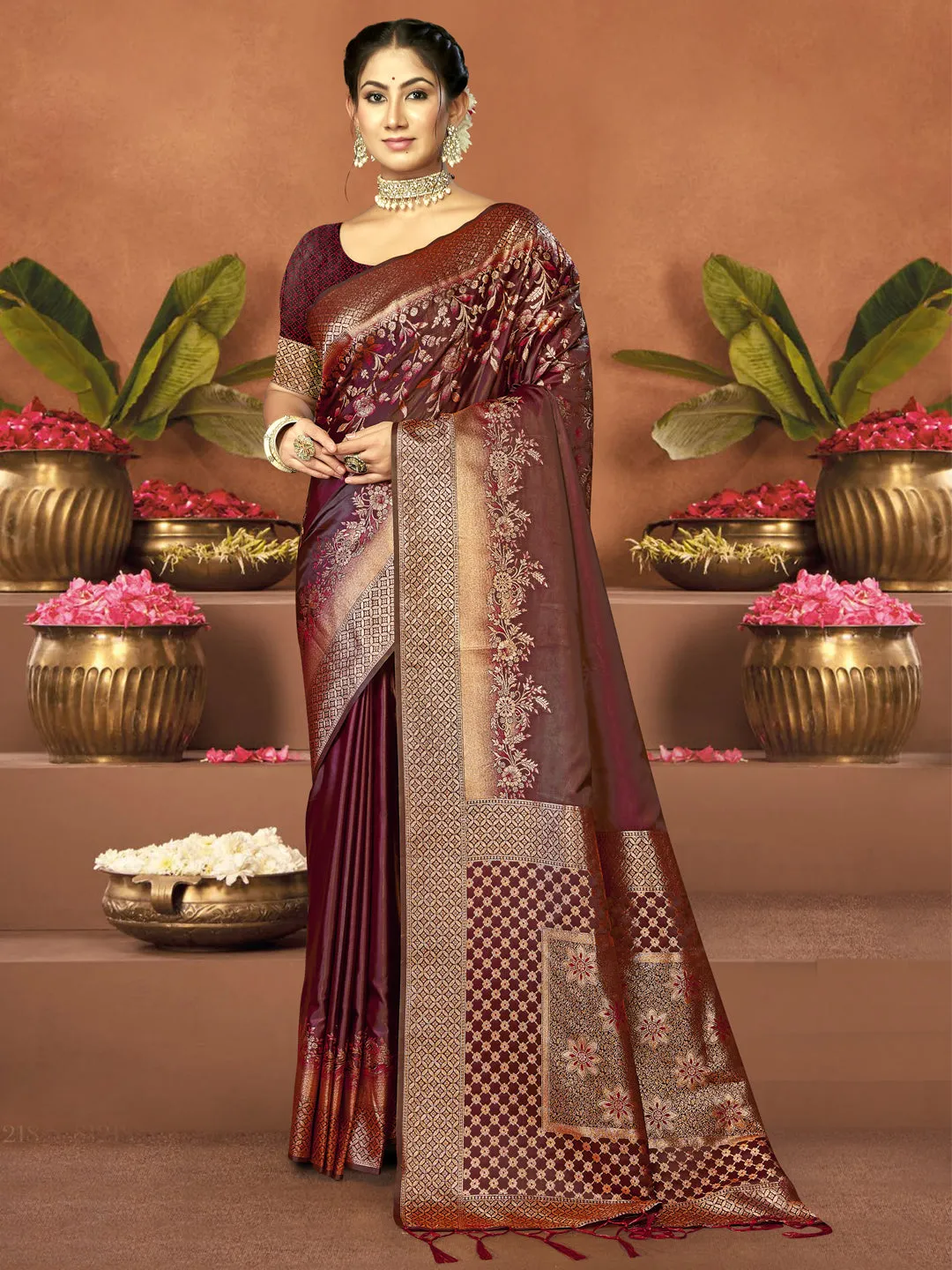 Women Maroon Satin Silk Saree With Un Stitched Blouse