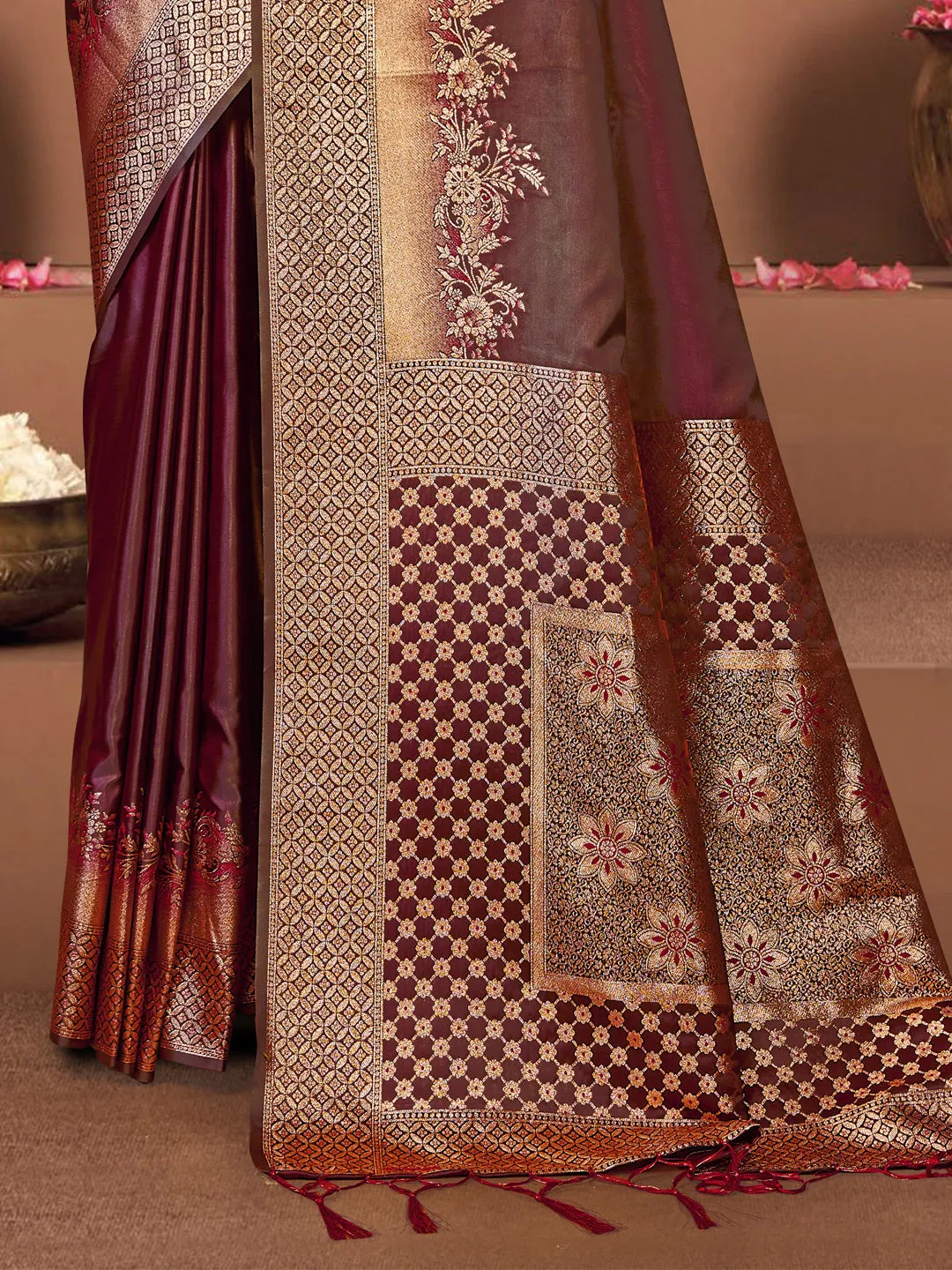 Women Maroon Satin Silk Saree With Un Stitched Blouse