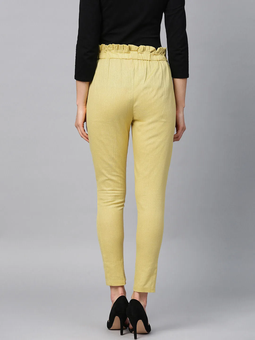 Women Mustard Yellow Solid High-Rise Cropped Trousers