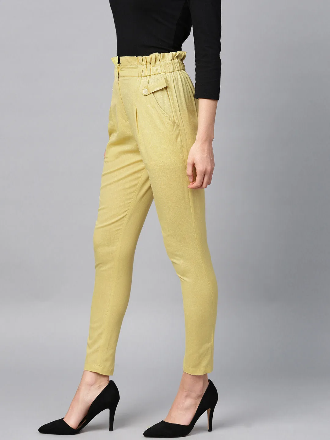 Women Mustard Yellow Solid High-Rise Cropped Trousers