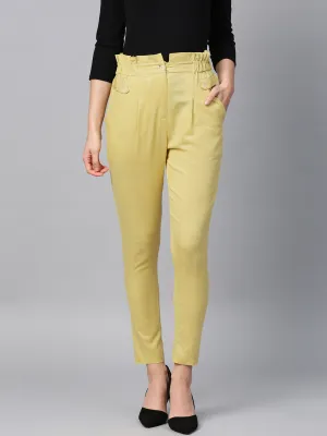 Women Mustard Yellow Solid High-Rise Cropped Trousers