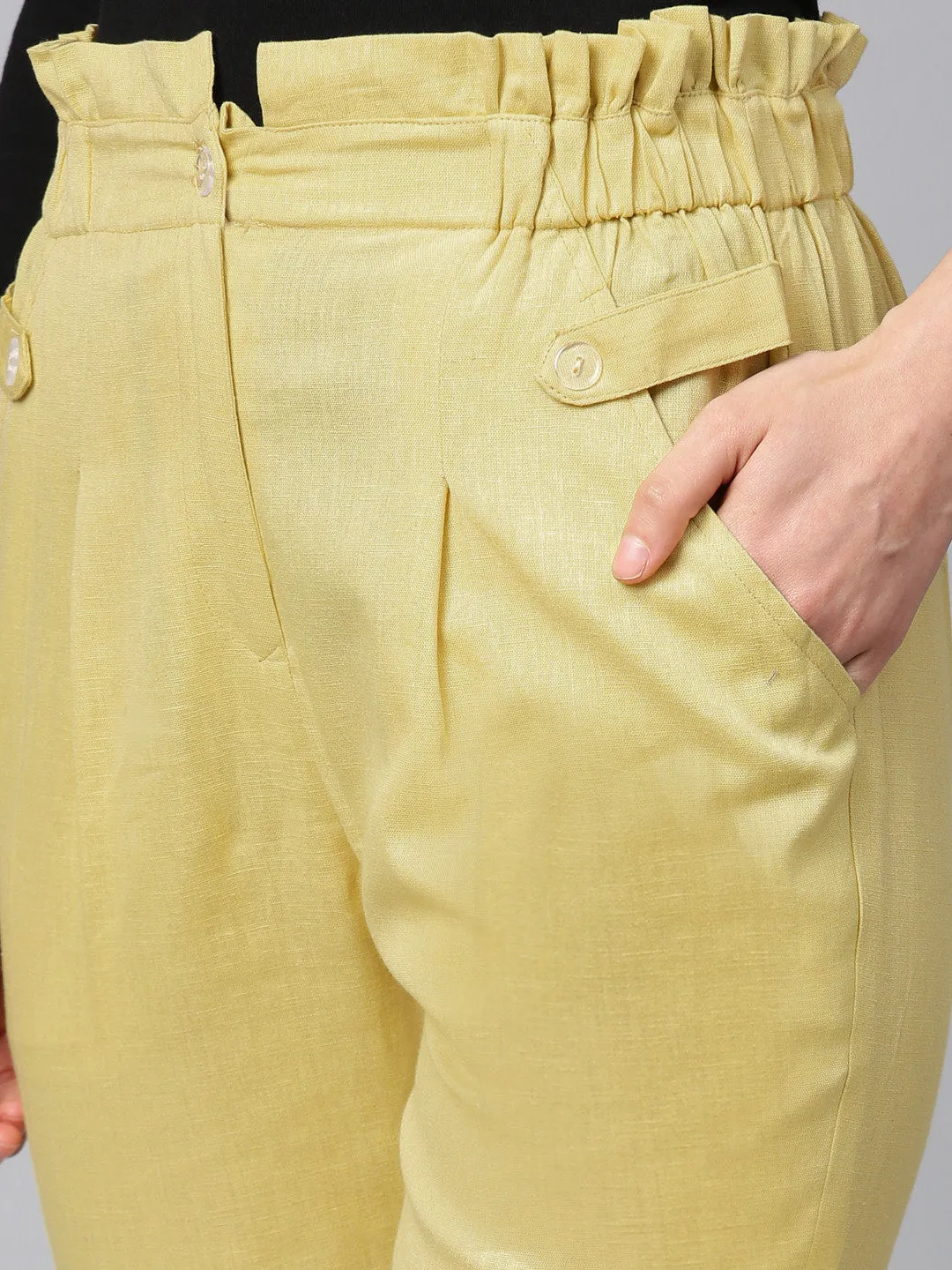 Women Mustard Yellow Solid High-Rise Cropped Trousers