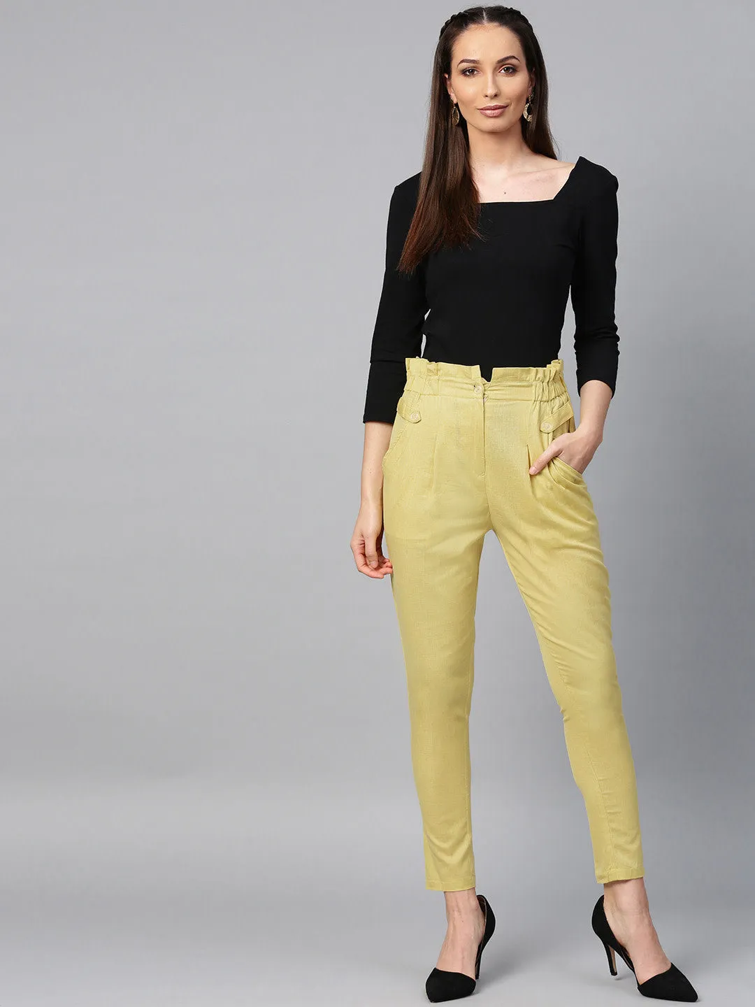 Women Mustard Yellow Solid High-Rise Cropped Trousers