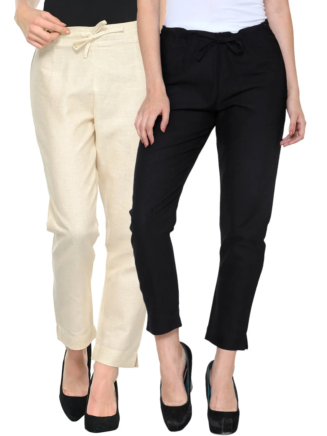 Women Pack Of 2 Cigarette Trousers In Off-White And Black