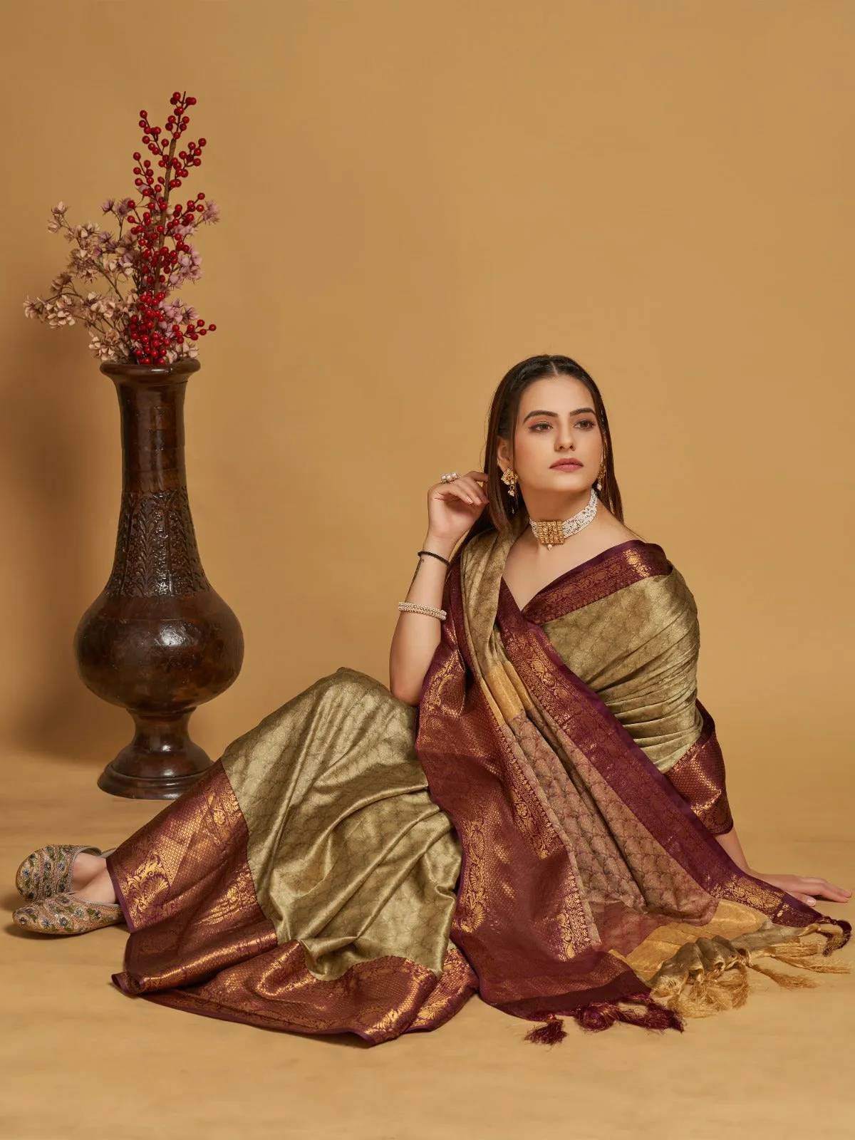 Women Party Wear Designer Brown Colour Banarasi Silk Saree Collection