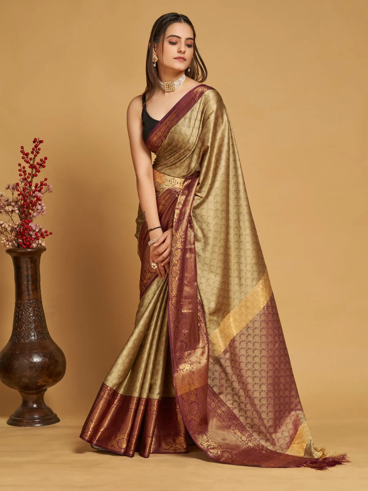 Women Party Wear Designer Brown Colour Banarasi Silk Saree Collection