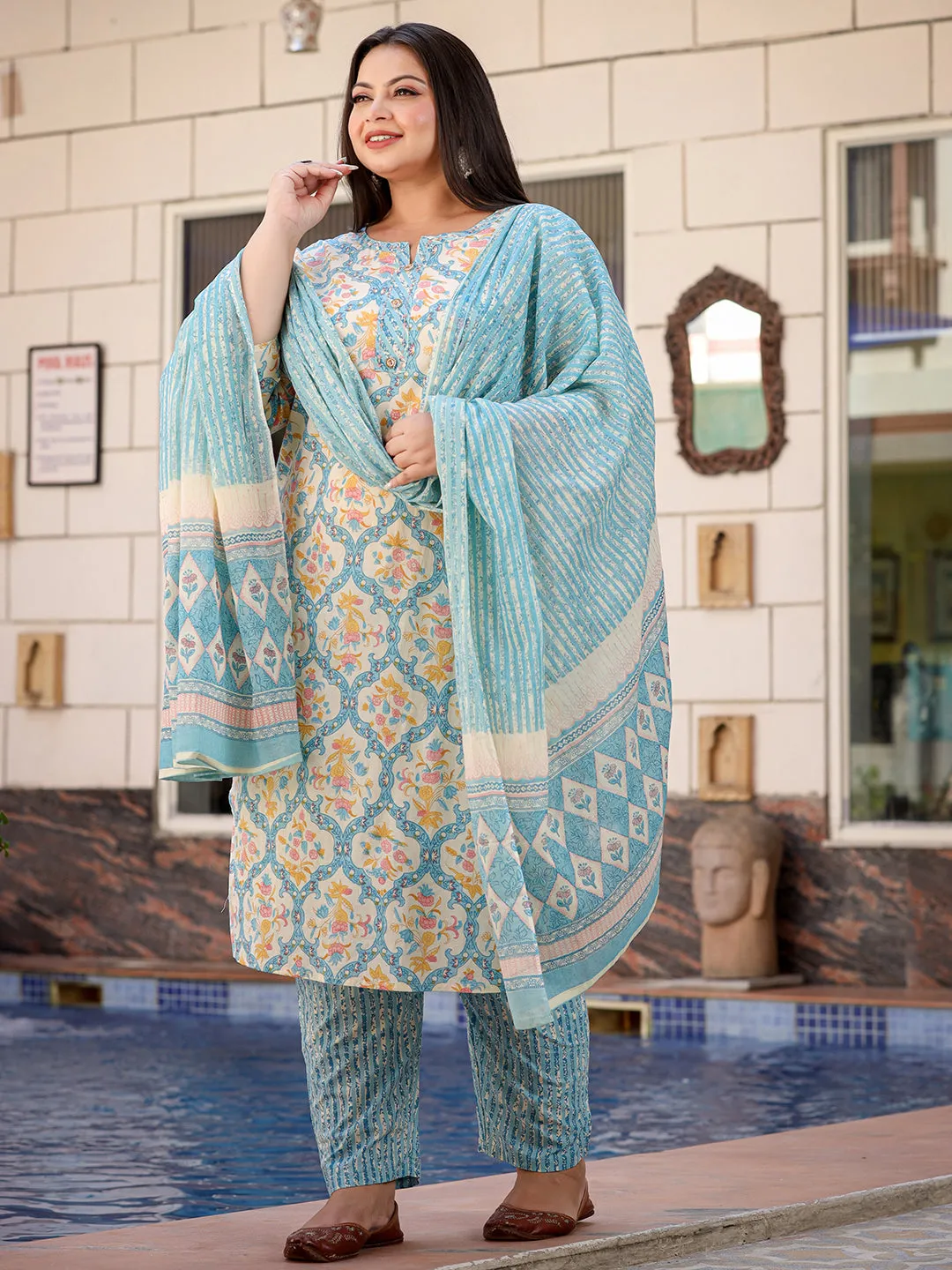 Women Plus Size Sky Blue  Pure Cotton Kurta Set With Dupatta