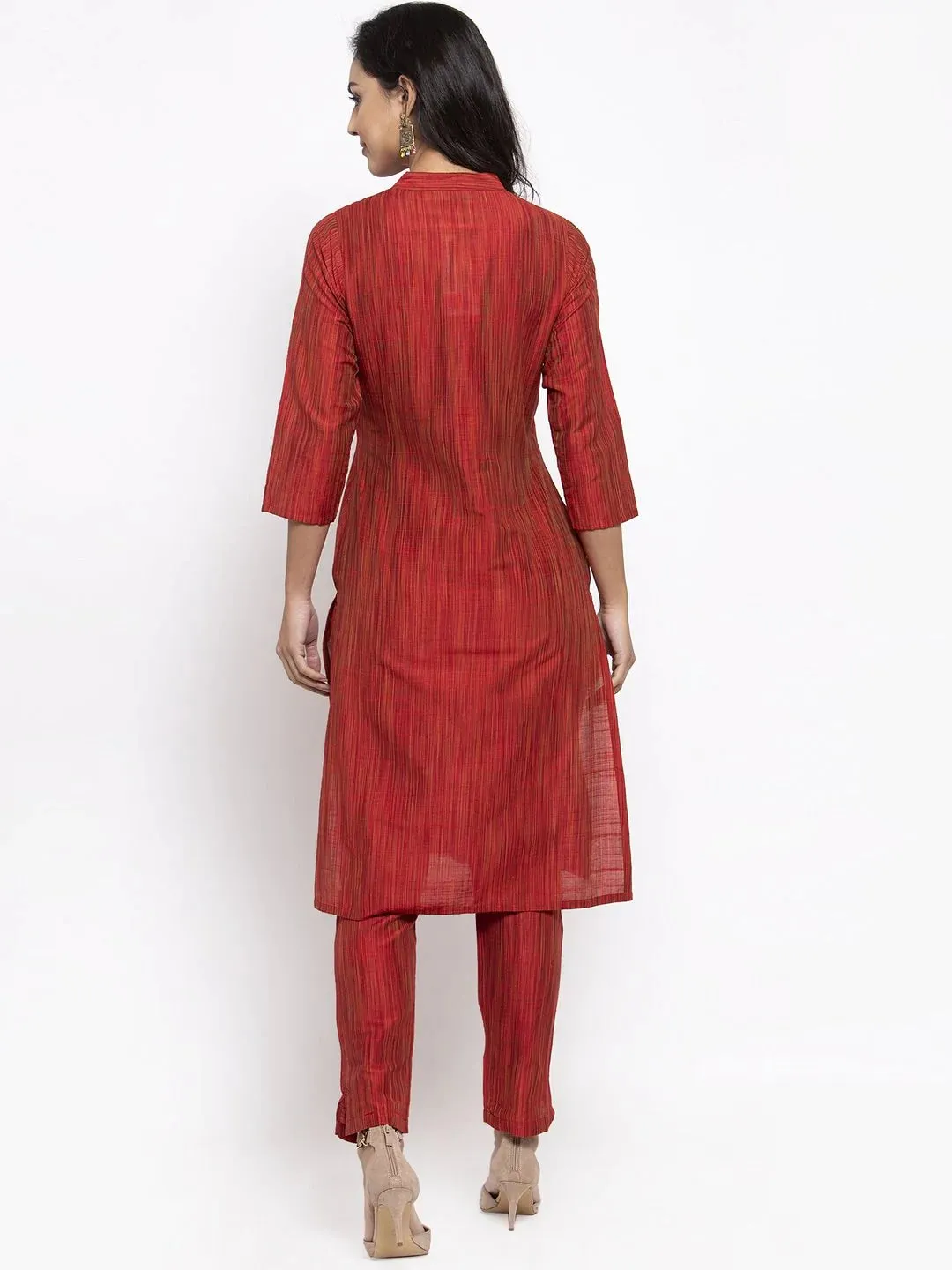 Women Red Self-Striped Kurta With Trousers