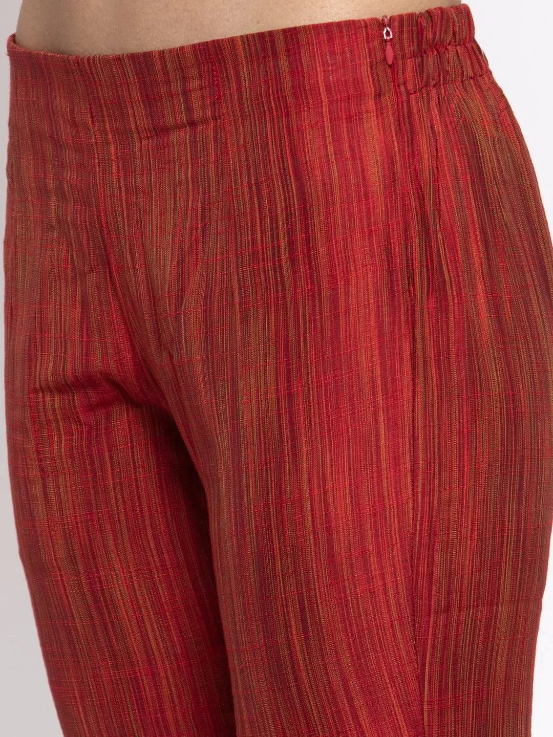 Women Red Self-Striped Kurta With Trousers