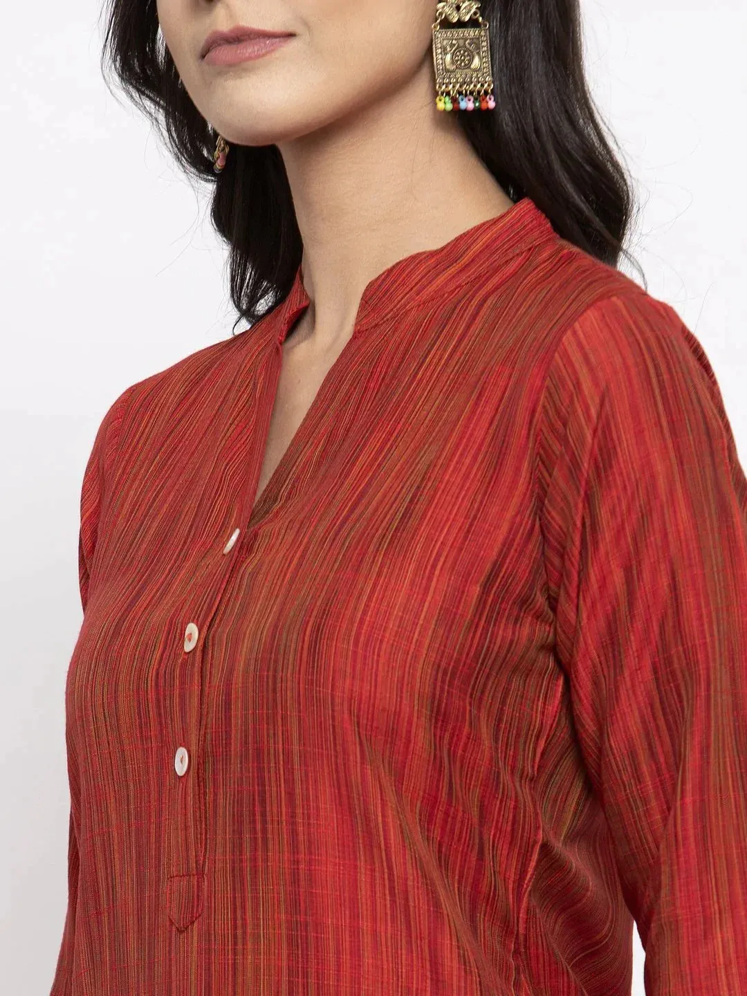 Women Red Self-Striped Kurta With Trousers