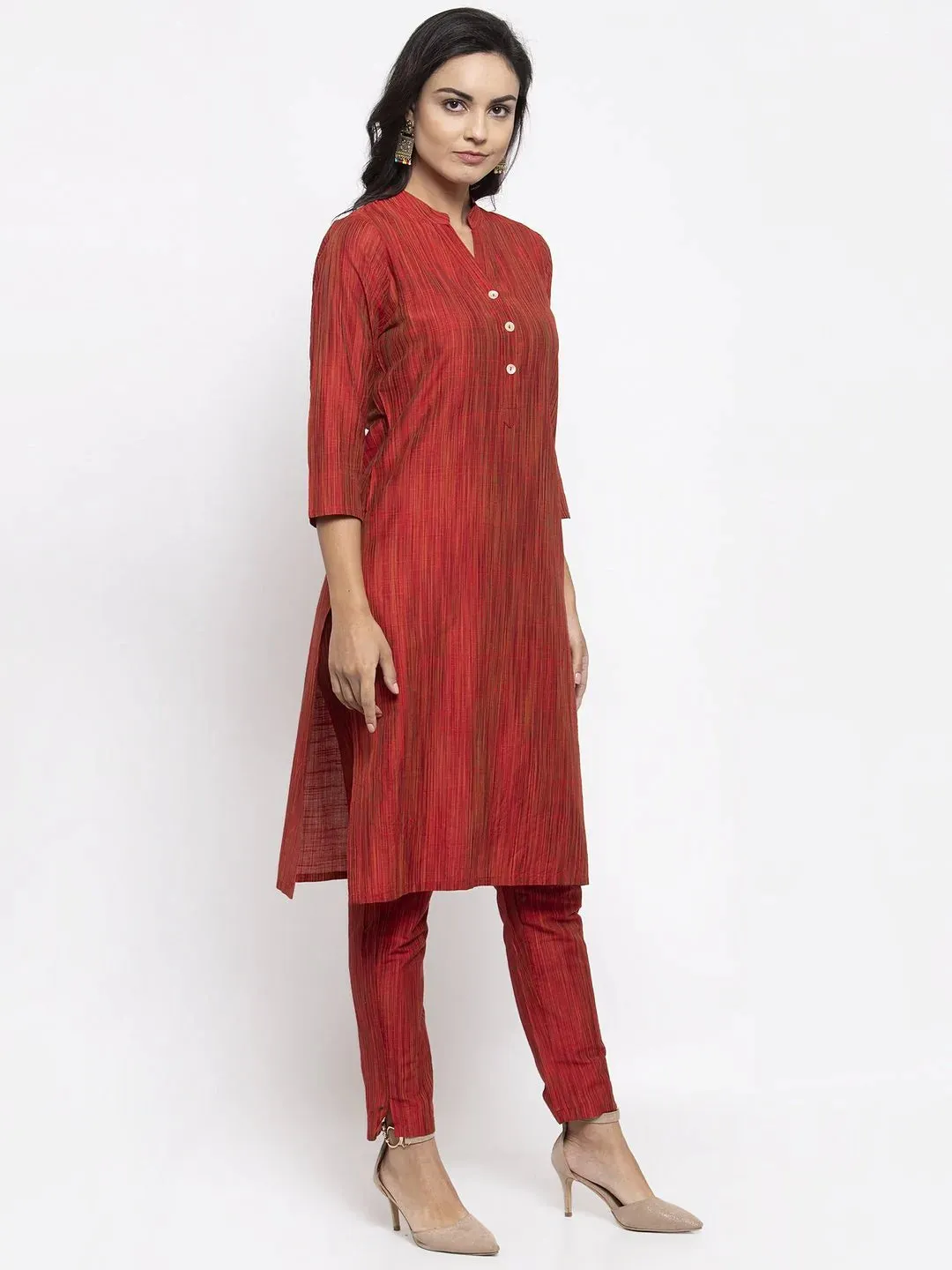 Women Red Self-Striped Kurta With Trousers