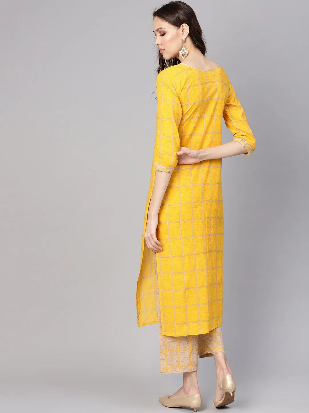 Women Yellow & Beige Checked Kurta With Trousers